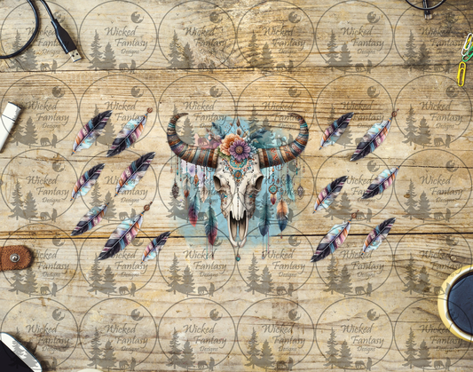 UVDTF Aztec Cow Skull and Feathers 16oz 40oz