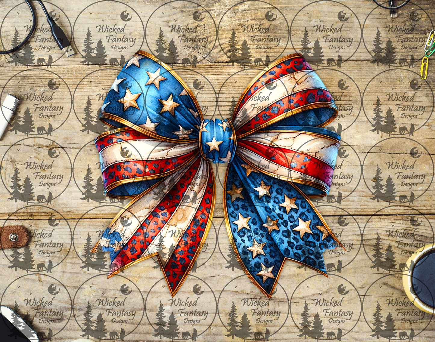 UVDTF Patriotic Bow with Stars Stripes and Leopard Print