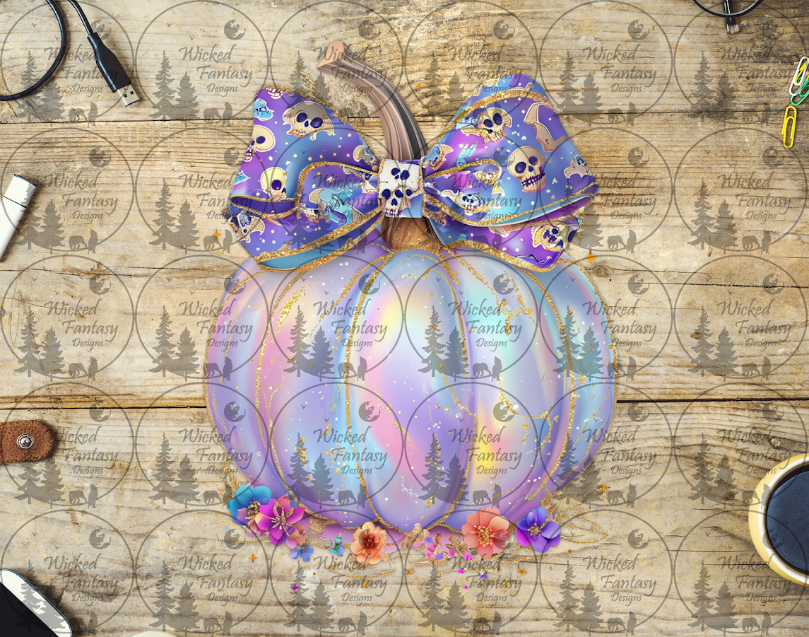 UVDTF Faux Iridescent Pumpkin with Skeleton Bow
