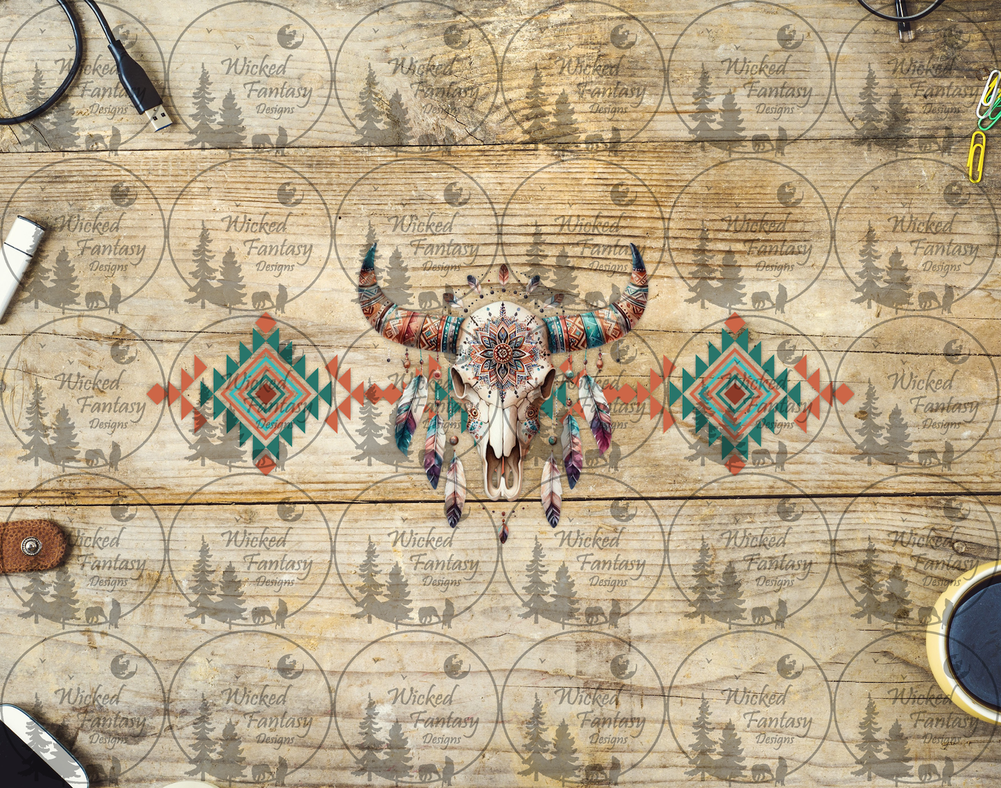 UVDTF Aztec Cow Skull Teal and Orange 16oz 40oz