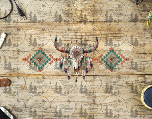 UVDTF Aztec Cow Skull Teal and Orange 16oz 40oz