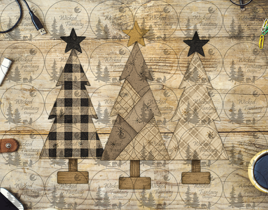 UVDTF Patchwork Christmas Trees with Faux Wooden Bases