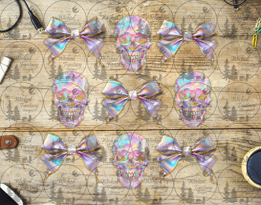 UVDTF Faux Iridescent Bows and Skulls 6x7"