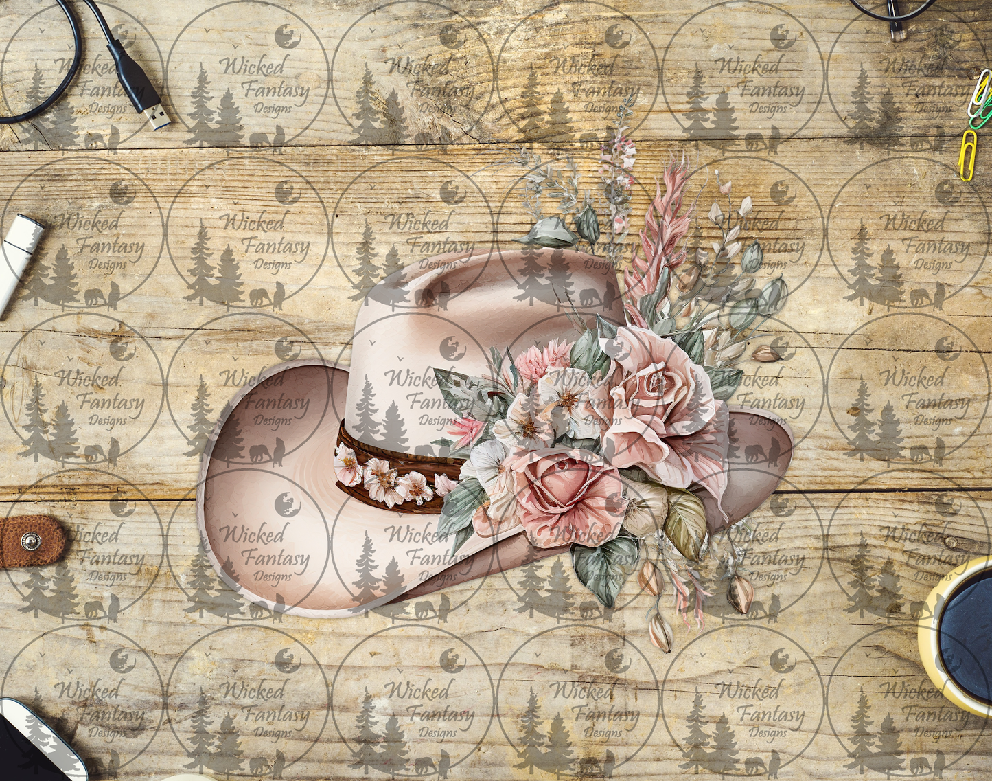 UVDTF Dusty Pink Cowgirl Hat with Flowers