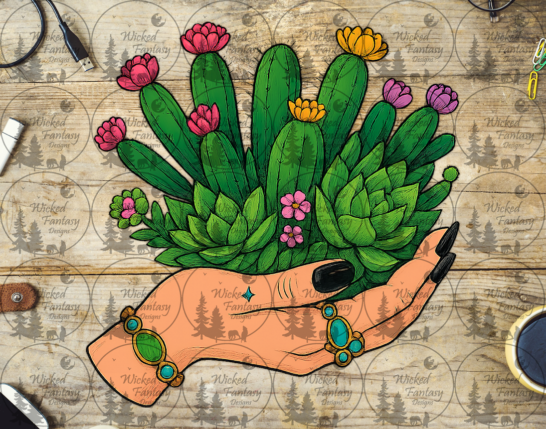 UVDTF Succulents and Cactus in Hand