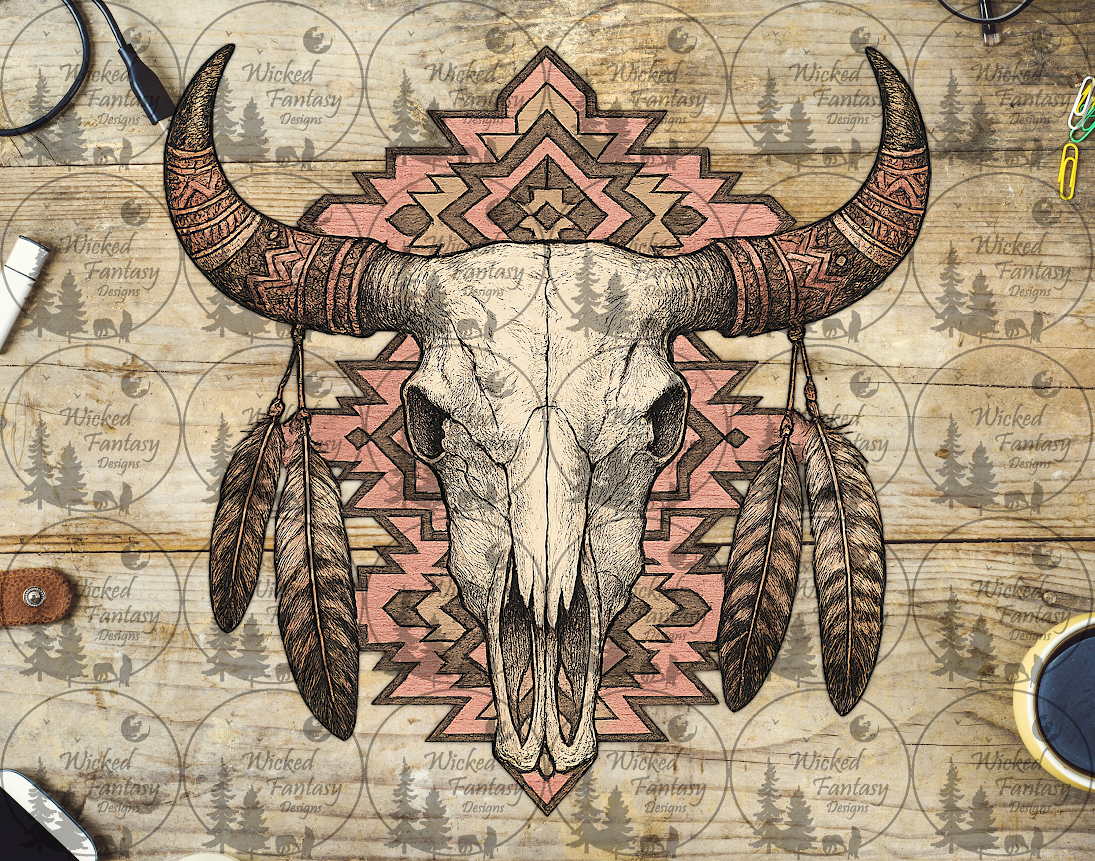 UVDTF Grungy Pink Aztec Cow Skull with Feathers