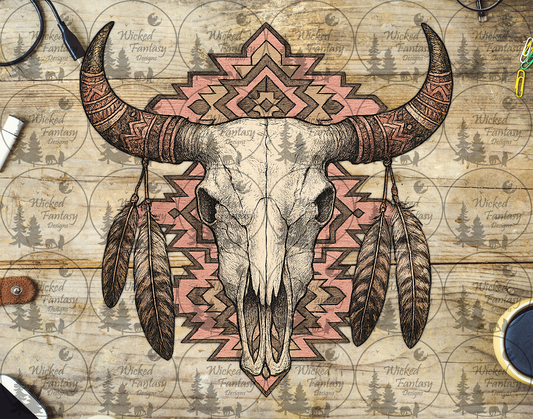 UVDTF Grungy Pink Aztec Cow Skull with Feathers