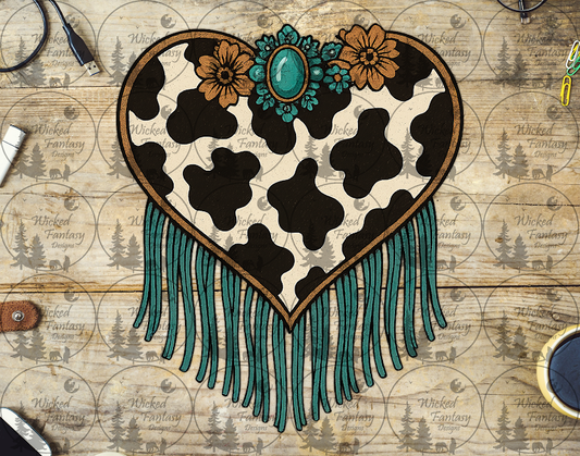 UVDTF Cow Print Heart with Fringe