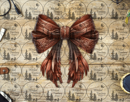 UVDTF Tooled Leather Bow with Scruffy Fringe