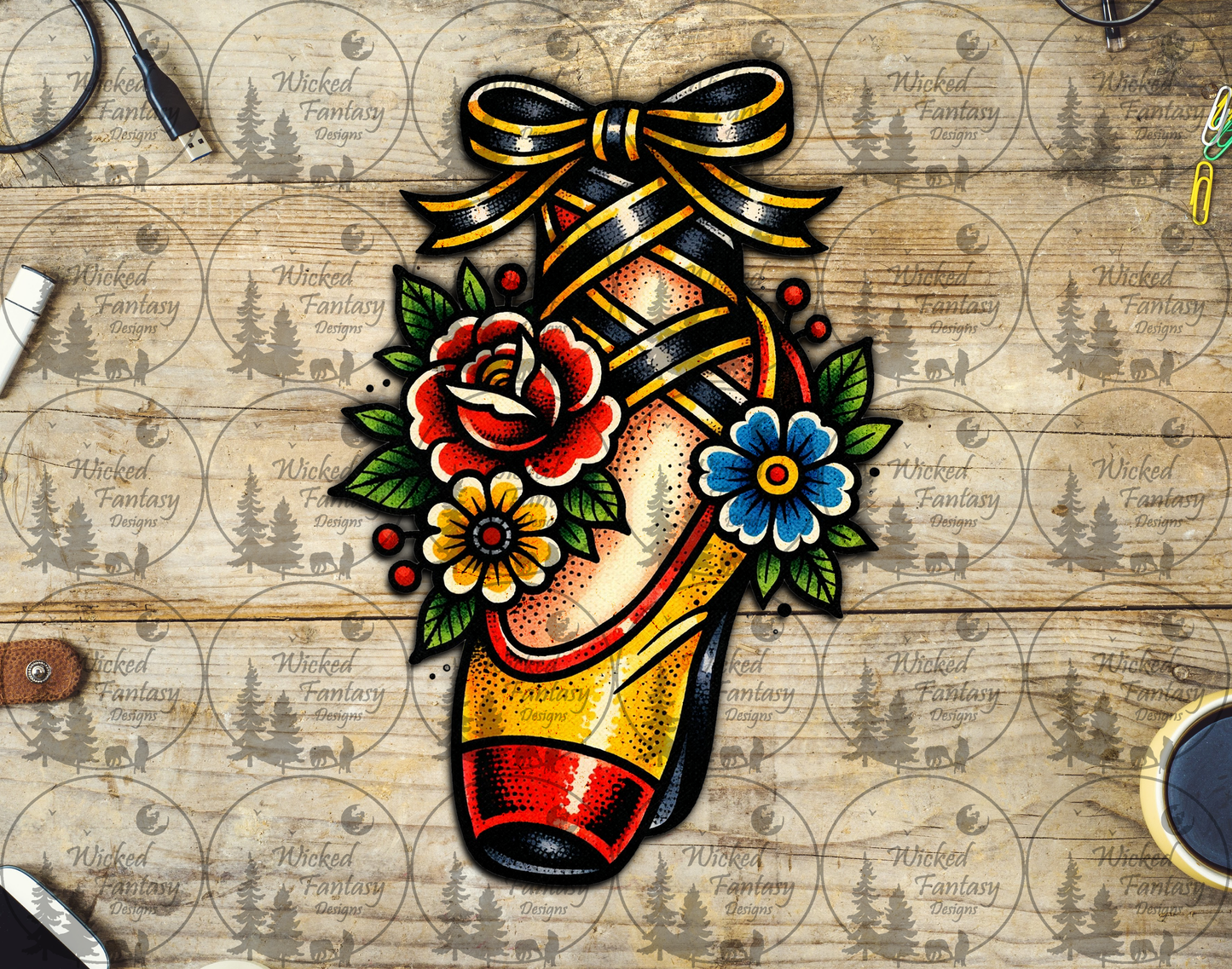 UVDTF Ballerina Pointe Shoe with Tatoo Florals