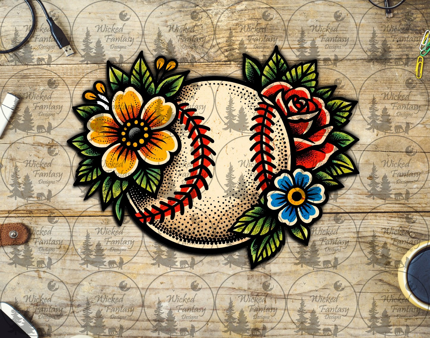 UVDTF Baseball Tattoo Floral