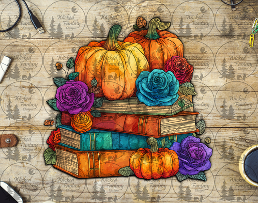 UVDTF Pumpkins and Book Stack with Pink and Purple Roses