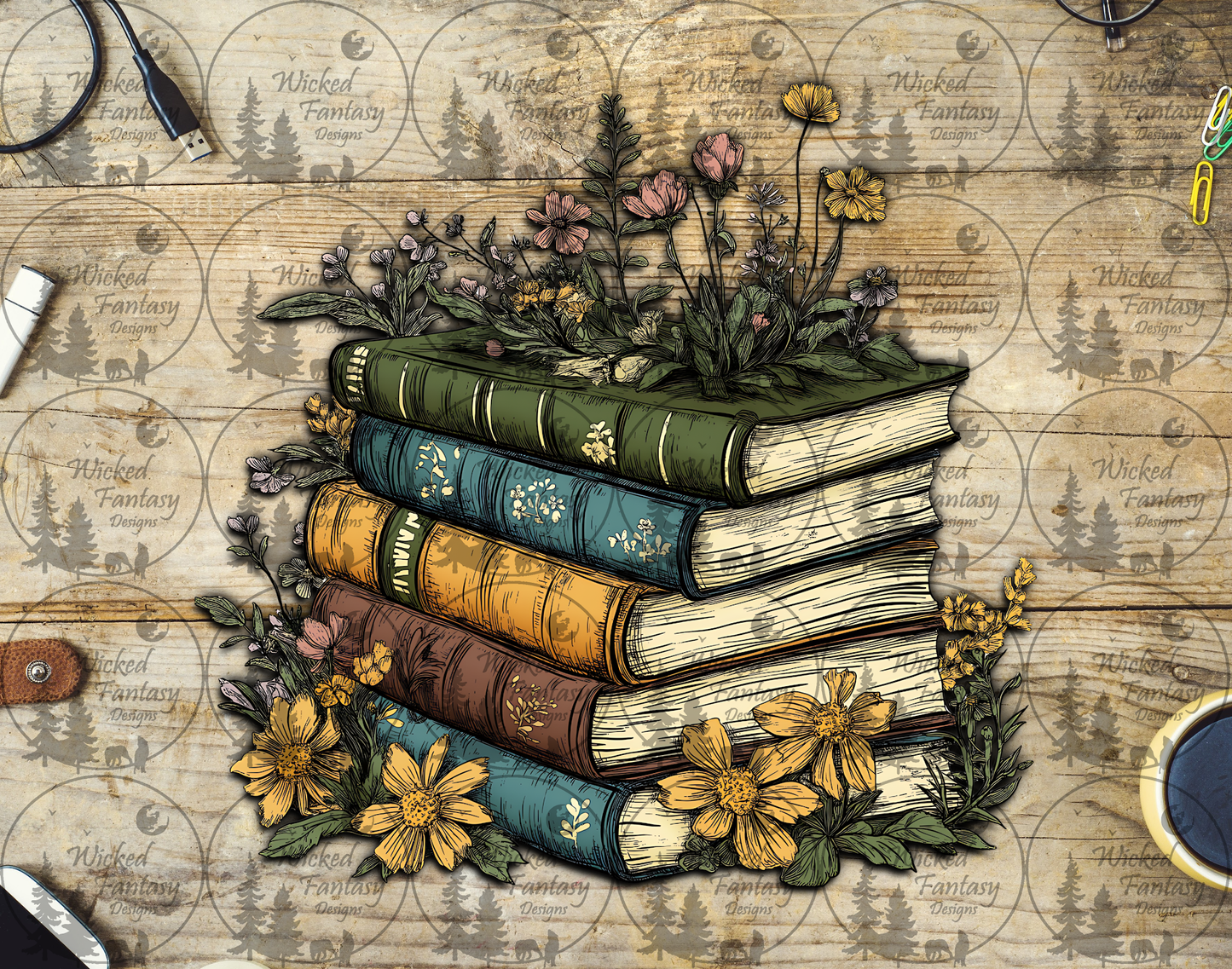 UVDTF Yellow and Green Book Stack with Flowers