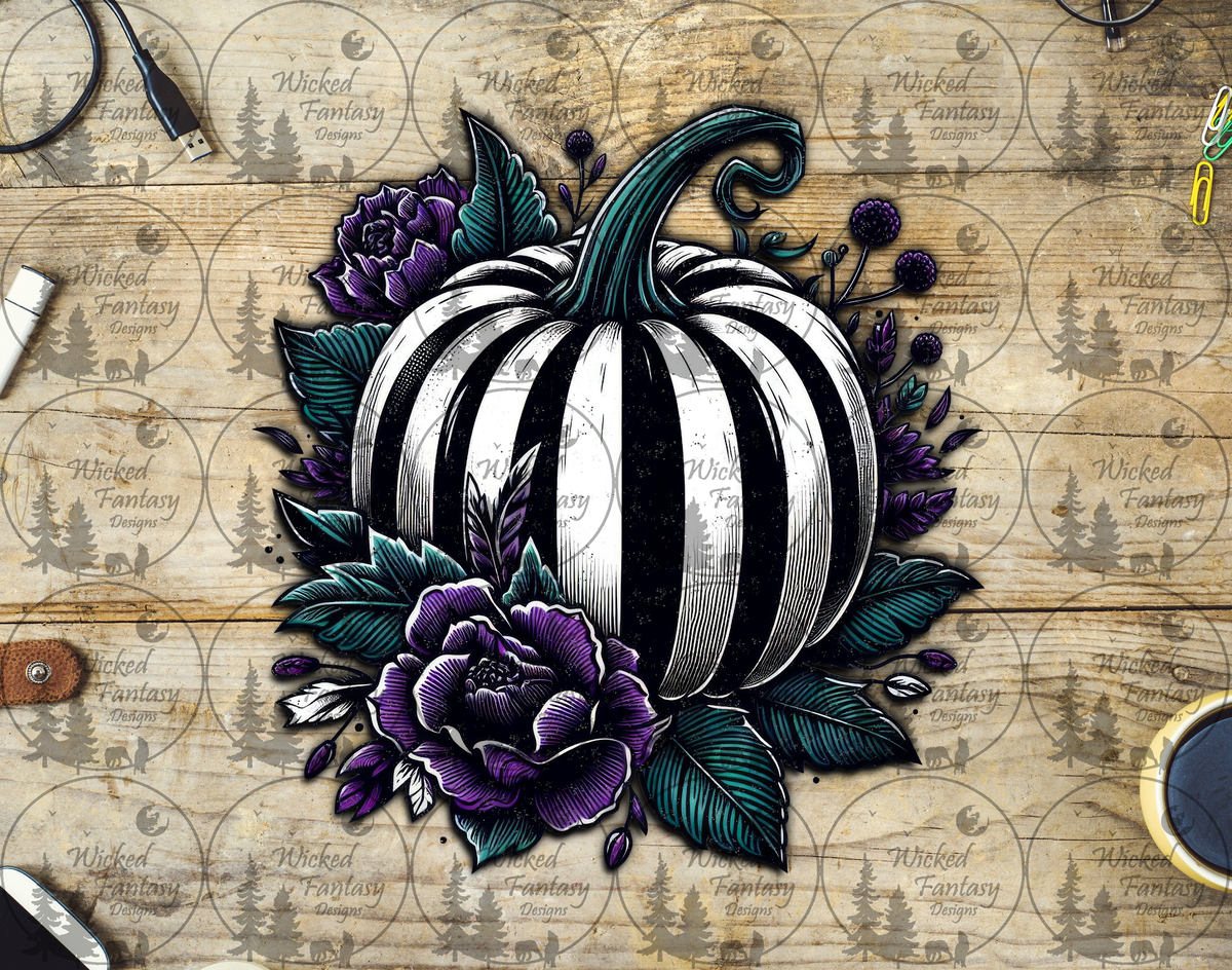 UVDTF Striped Pumpkin with Purple Roses