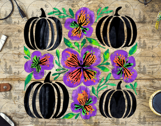 UVDTF Black Pumpkins and Purple Painted Florals