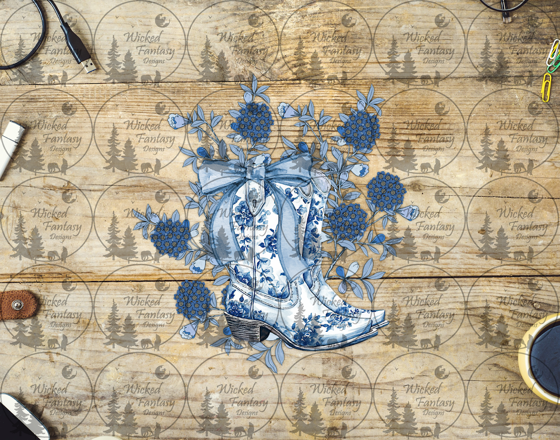 UVDTF Blue Chinoiserie Cowgirl Boots and Flowers
