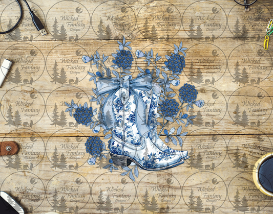 UVDTF Blue Chinoiserie Cowgirl Boots and Flowers