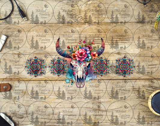 UVDTF Pink and Teal Cow Skull and Mandalas 16oz 40oz
