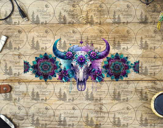 UVDTF Purple and Teal Cow Skull and Mandalas 16oz 40oz