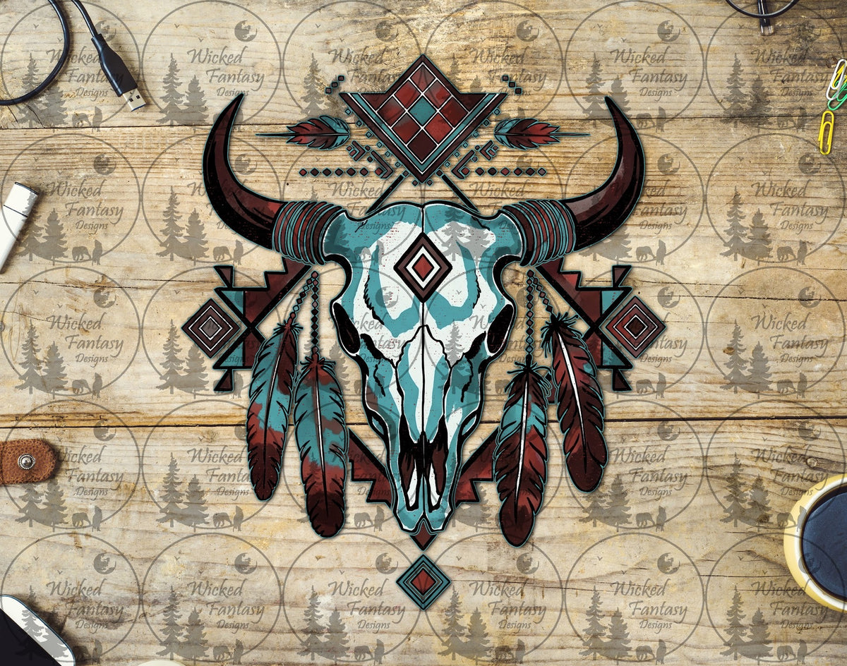 UVDTF Chocolate and Teal Aztec Cow Skull