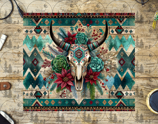 UVDTF Boho Aztec Cow Skull and Poinsettias 20oz 30oz 10"x10"