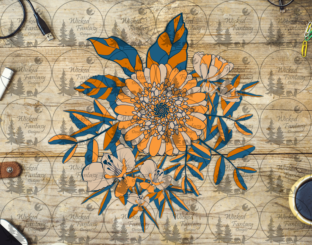 UVDTF Orange and Teal Verigated Flower