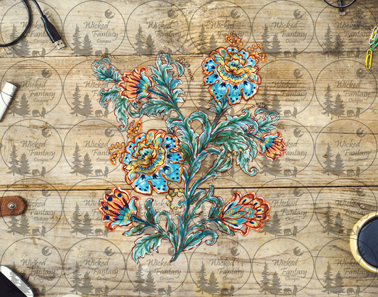 UVDTF Blue Folk Art Flower Arrangement