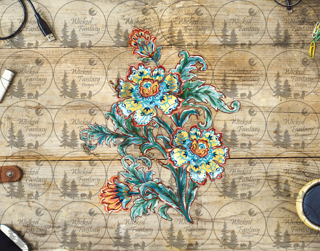 UVDTF Blue and Yellow Folk Art Flower Arrangement