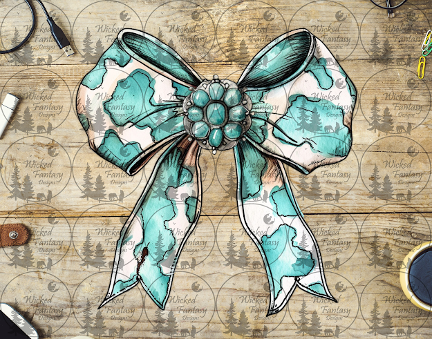 UVDTF Illustrated Turquoise Cow Print Bow with Concho