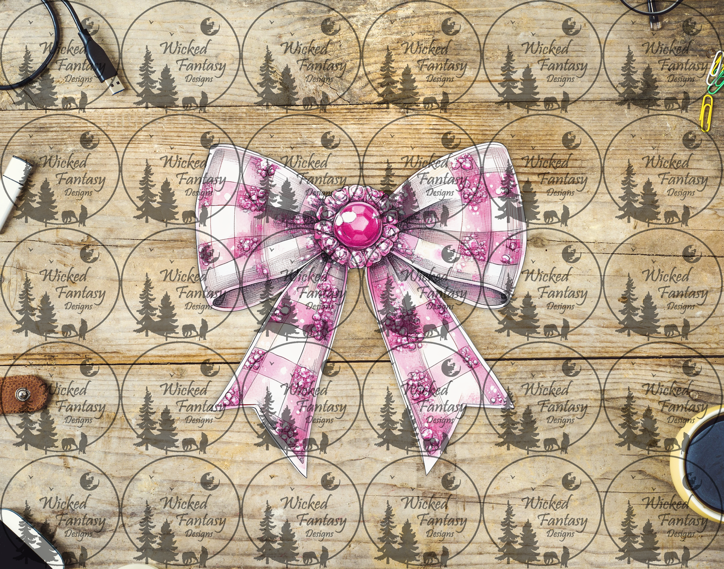 UVDTF Pink and White Jeweled Plaid Bow