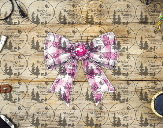 UVDTF Pink and White Jeweled Plaid Bow