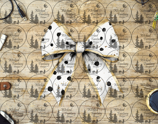 UVDTF White Bow with Dalmatian Spots and Gold Trim