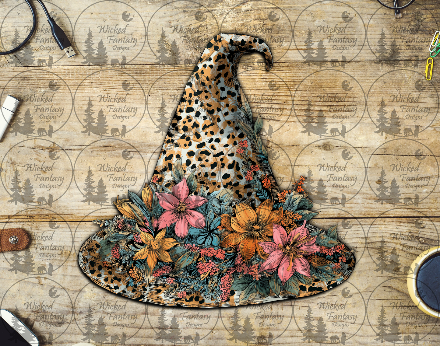 UVDTF Leopard Print Witches Hat wit Flowers