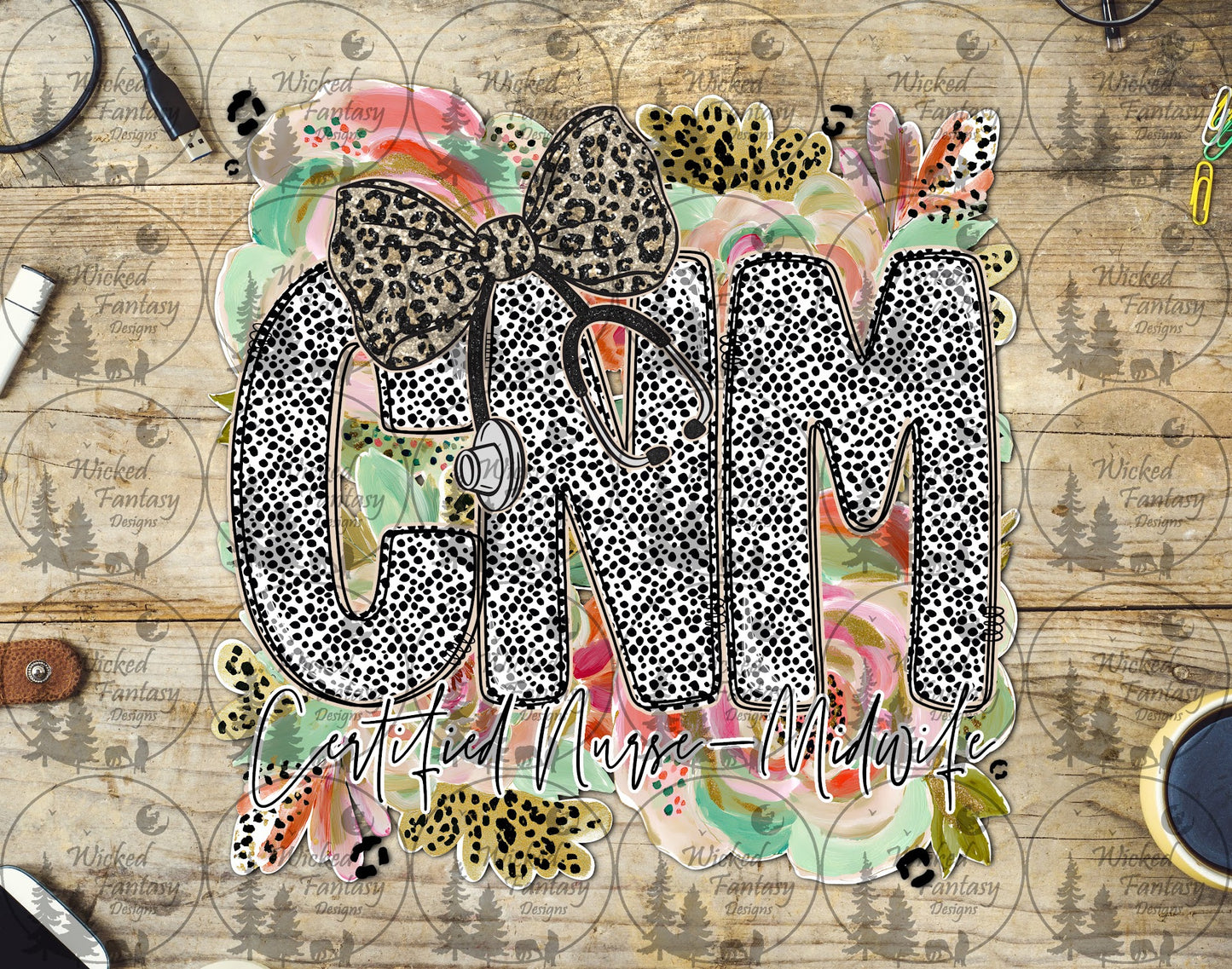UVDTF CNM Certified Nurse Midwife Floral Dalmatian Dots