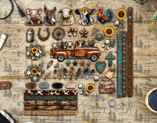 UVDTF Vintage Truck and Farm Animals Element Sheet