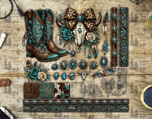 UVDTF Tooled Blue Turquoise Boots and Cow Skull Element Sheet