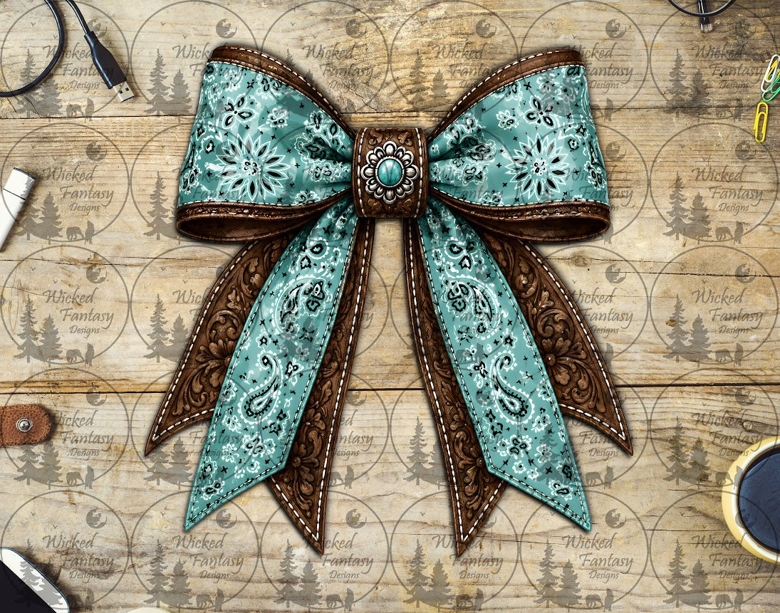 UVDTF Teal Paisley Tooled Leather Bow