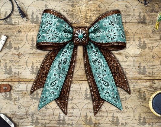 UVDTF Teal Paisley Tooled Leather Bow