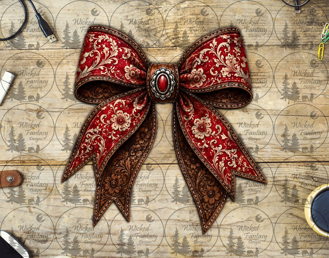 UVDTF Tooled Leather Red Bow