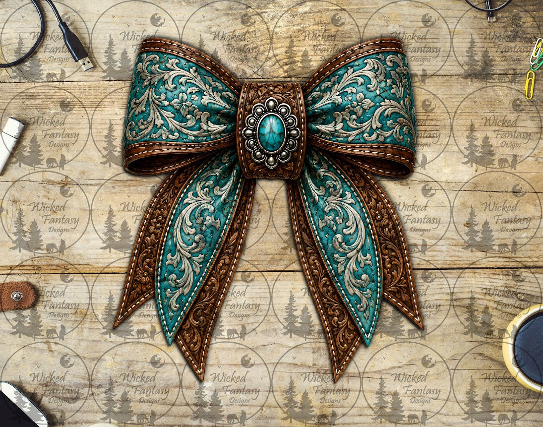UVDTF Teal and Leather Tooled Bow