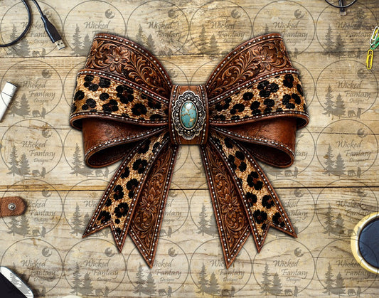 UVDTF Tooled Leather and Leopard Turquoise Concho Bow
