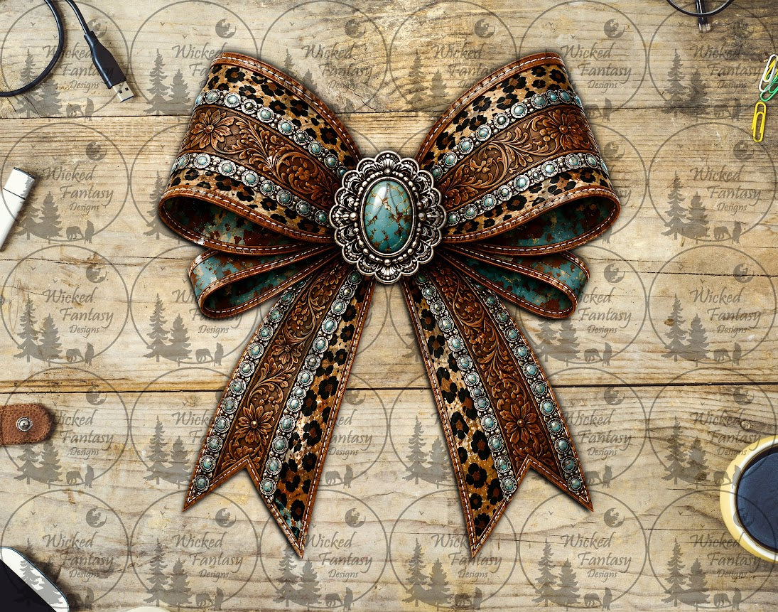 UVDTF Tooled Leather and Leopard Print Studded Concho Bow