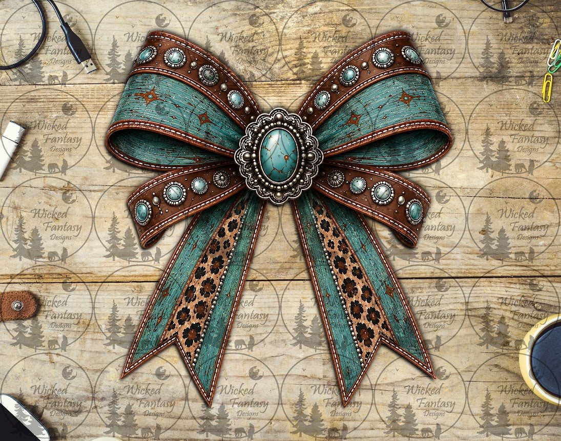 UVDTF Teal and Leopard Print Leather Concho Bow