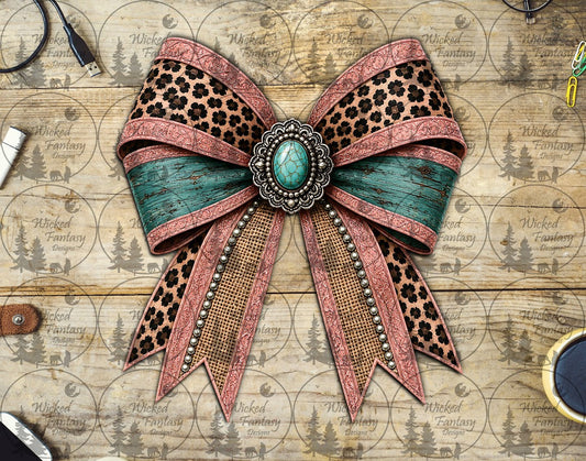 UVDTF Pink and Teal Leopard Print Burlap Leather Bow