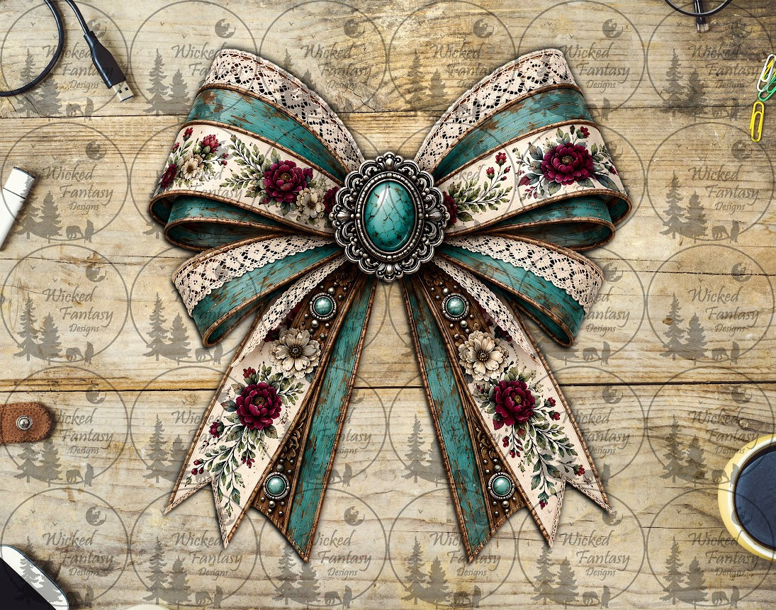 UVDTF Leather and Peonies Lace Cocho Bow