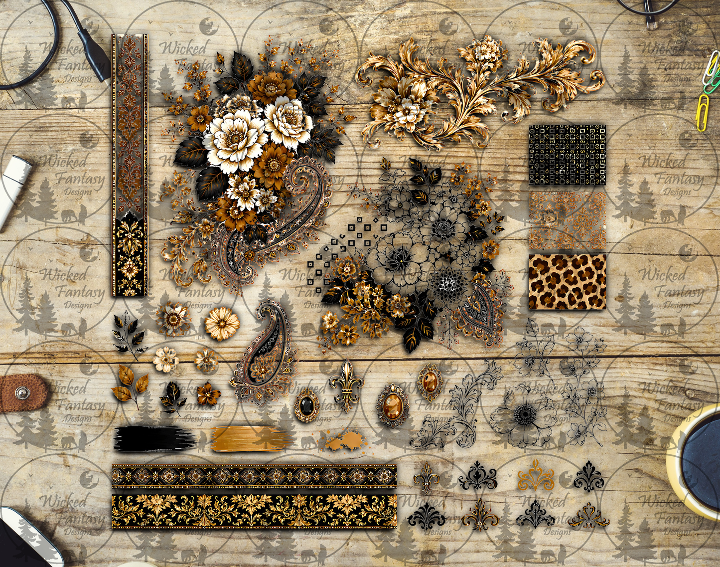 UVDTF Amber Ivory Paisley Floral 12x12" Multimedia Element Sheet