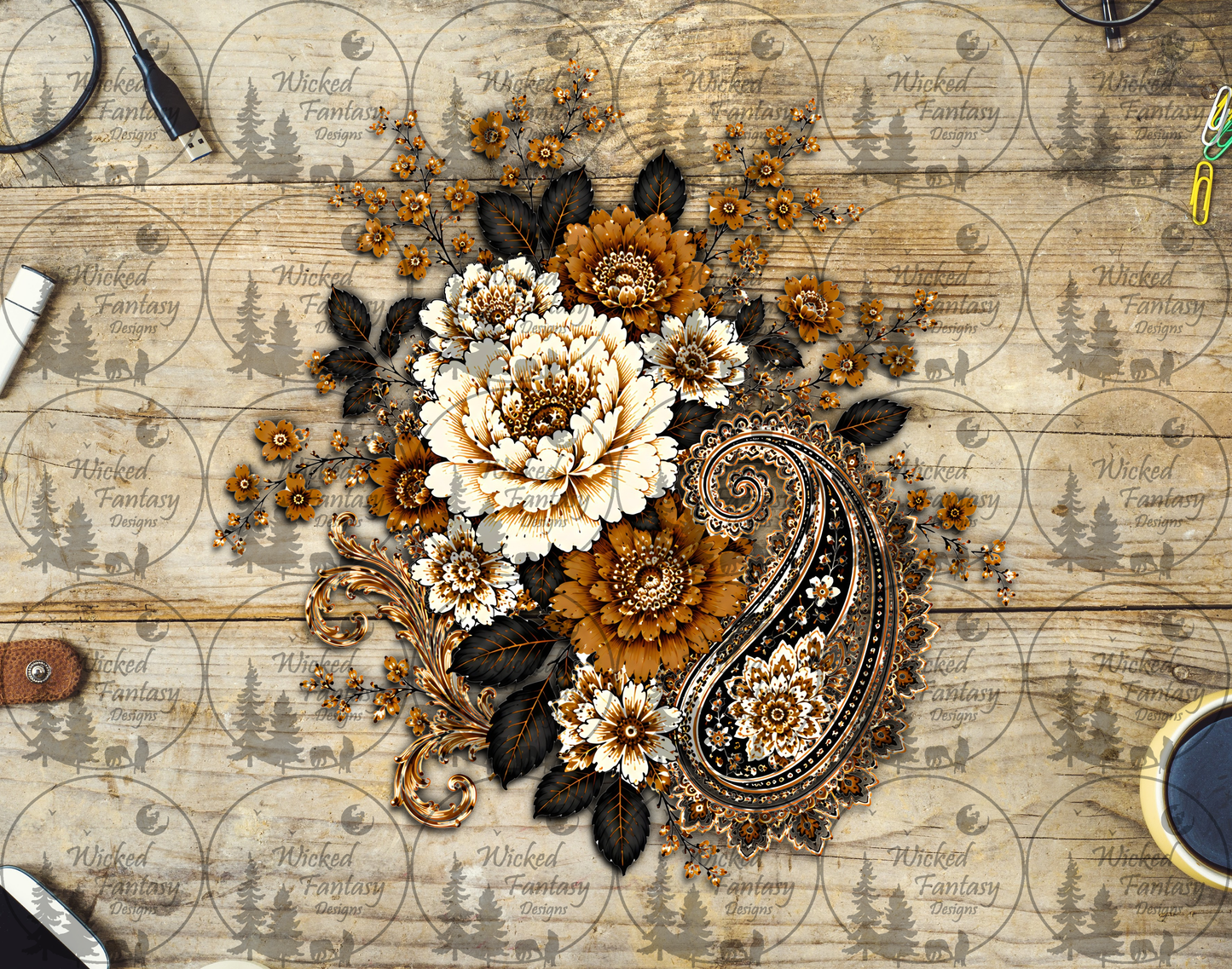 UVDTF Amber and Ivory Paisley Floral