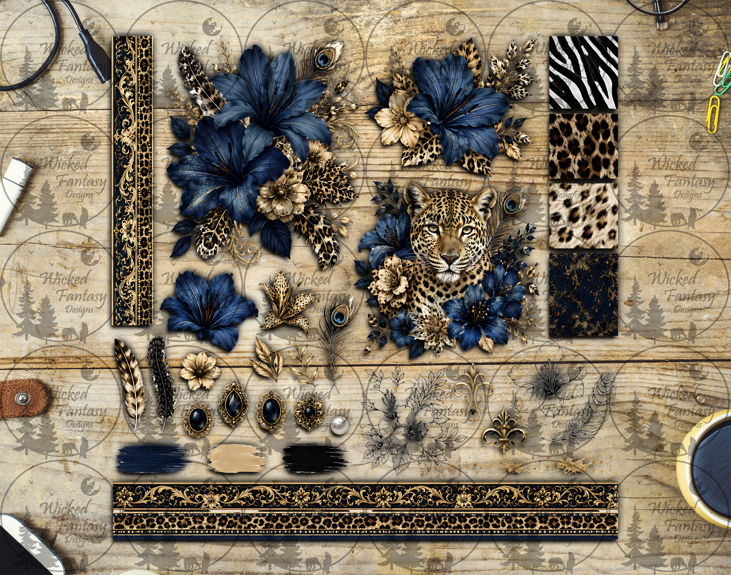 UVDTF Navy Leopard Hibiscus 12x12" Multimedia Element Sheet