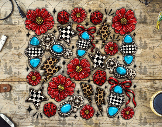 UVDTF Checkered and Red Floral Element Sheet