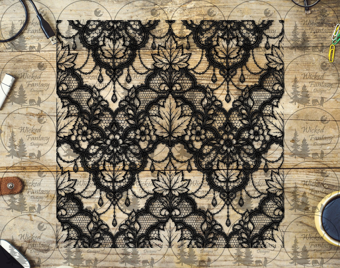 UVDTF Jeweled Leaf Lace Damask 20oz 30oz 10"x10"